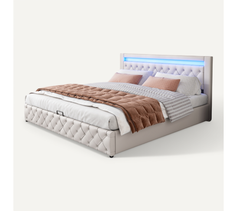 Lit Coffre 160x200 Cm, Lit Coffre Capitonné Avec Sommier à Lattes Et Éclairage LED, Pu, Blanc