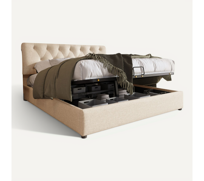 Lit Coffre 140x200 Cm, Lit Coffre Capitonné Avec Fonction Hydraulique, Sommier à Lattes, Beige Gris