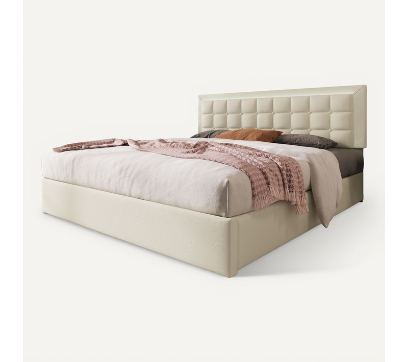 Lit Coffre 140x200 cm Avec Rangement, Lit Adulte Avec Éclairage LED, En Pu Blanc