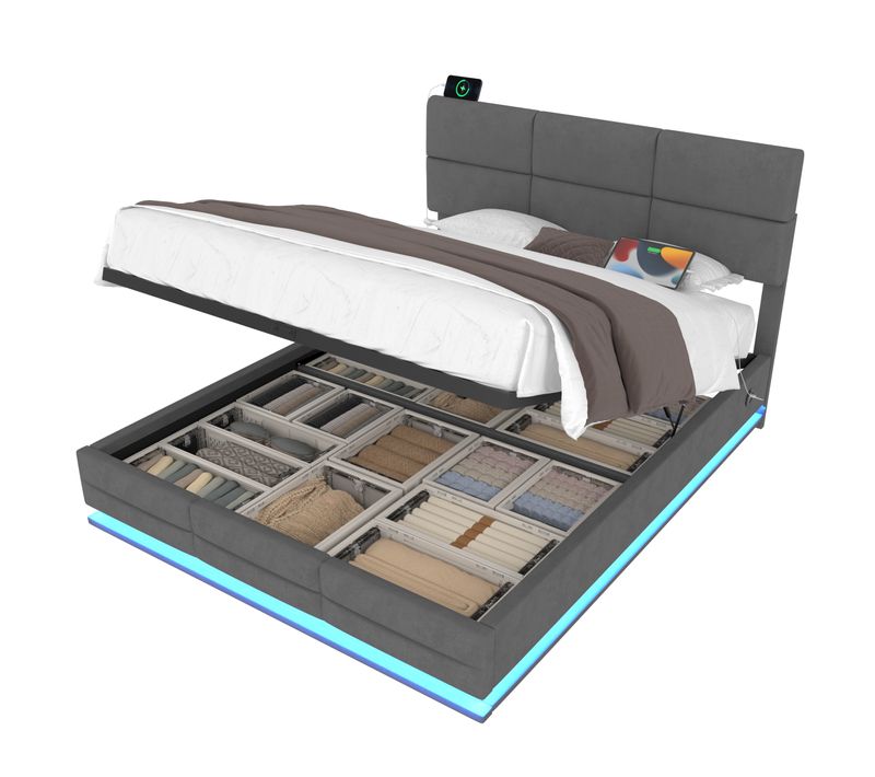 Lit Coffre Adulte 140x200 Cm En Velours Gris Avec LED, Ports USB-c, Tête Réglable
