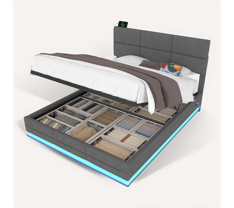 Lit Coffre Adulte 160x200 Cm En Velours Gris Avec LED, Ports USB-c, Tête Réglable