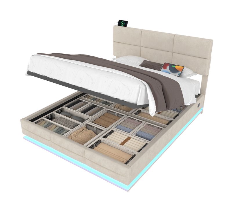Lit Coffre Adulte 180x200 Cm En Velours Beige Avec LED, Ports USB-c, Tête Réglable