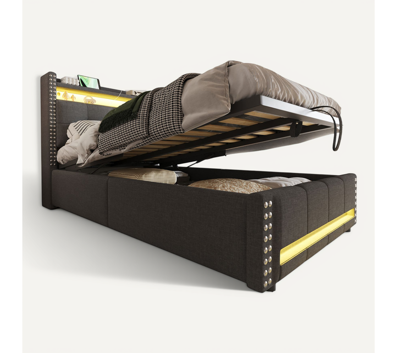 Lit Coffre Enfant 90x200 Cm Gris En Lin Tissu Avec LED, USB, Sommier à Lattes