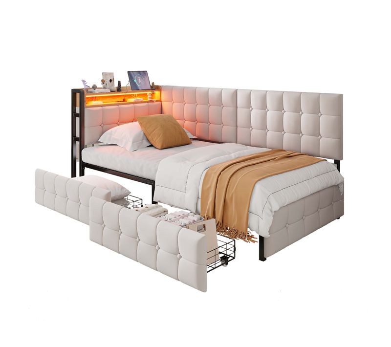 Lit Enfant Banquette 90x200 Cm Avec LED + USB-c, 2 Tiroirs De Rangement, Velours Beige