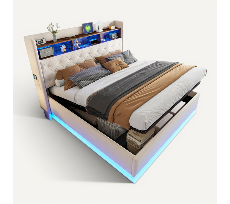 Lit Coffre Adulte 180x200, Port USB, Tissu En Lin Beige, Sommier à Lattes