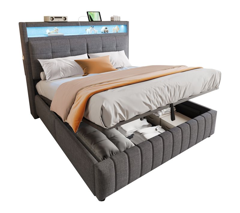 Lit Coffre 160x200cm Gris,lit Adulte Tissu Lin Avec LED, Ports USB-c, Sommier à Lattes