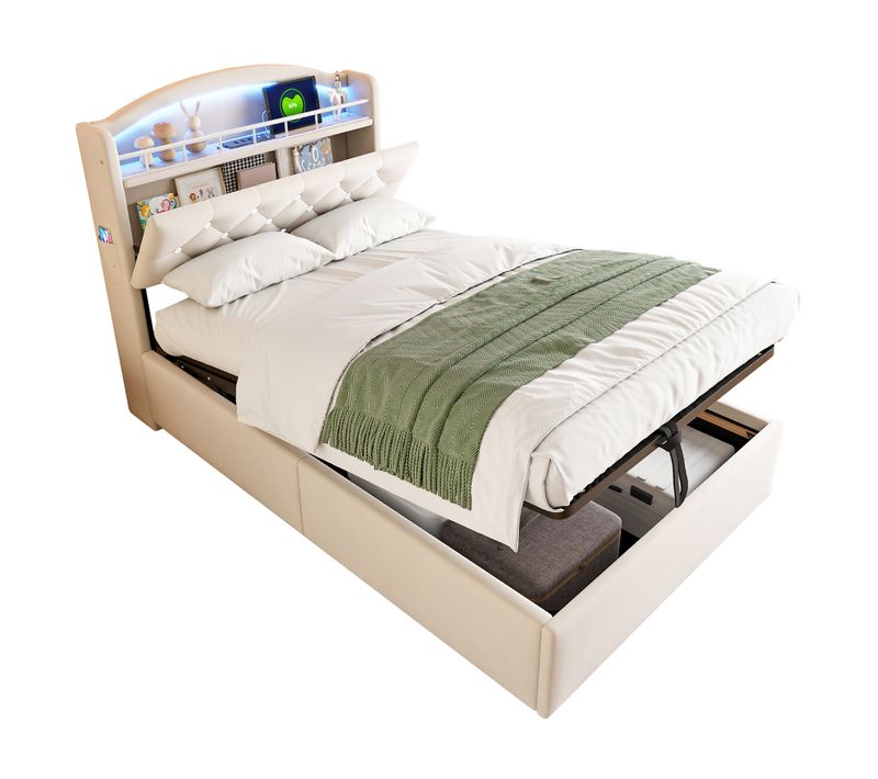 Lit Coffre Enfant 90x200cm Avec Tête De Lit Rangement, LED+usb, Velours, Beige