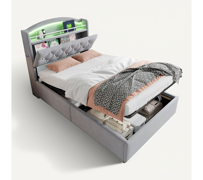 Lit Coffre Enfant 90x200cm Avec Tête De Lit Rangement, LED+usb, Velours, Gris