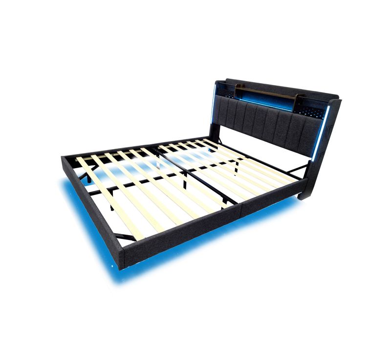 Lit Adulte 160x200cm Tissu Lin,led + USB, Tête De Lit Avec Rangement,gris