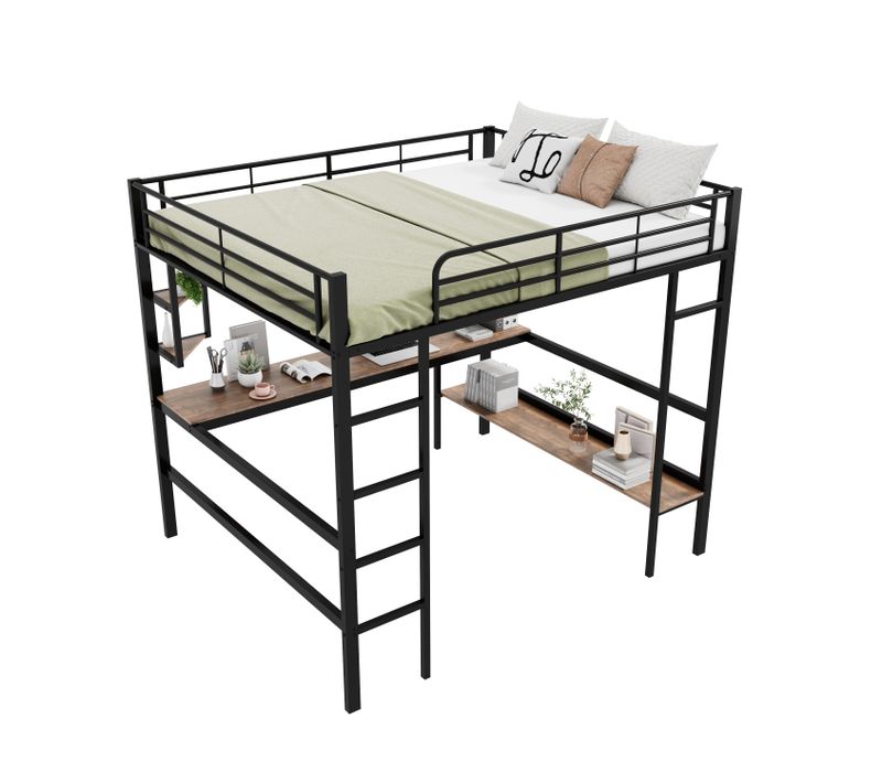 Lit Mezzanine 140x200cm Lit Enfant/adulte Avec Bureau Et Étagère De Rangement, Métal, Noir