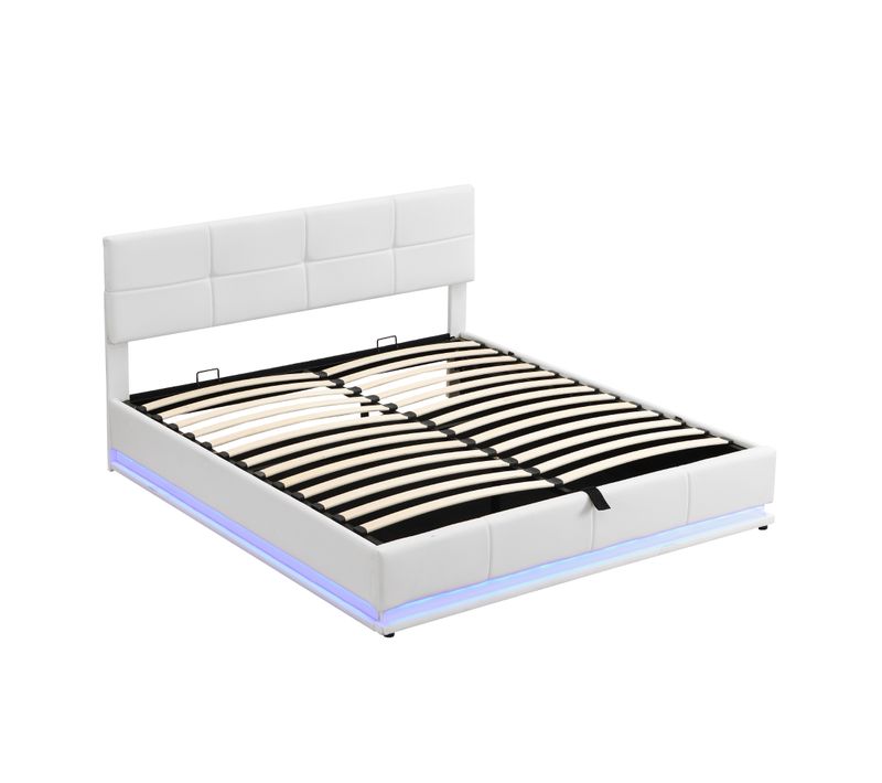 Lit 180x200cm, Lit Coffre Adulte Avec LED Et Sommier à Lattes, Rangement, Simili Cuir,blanc