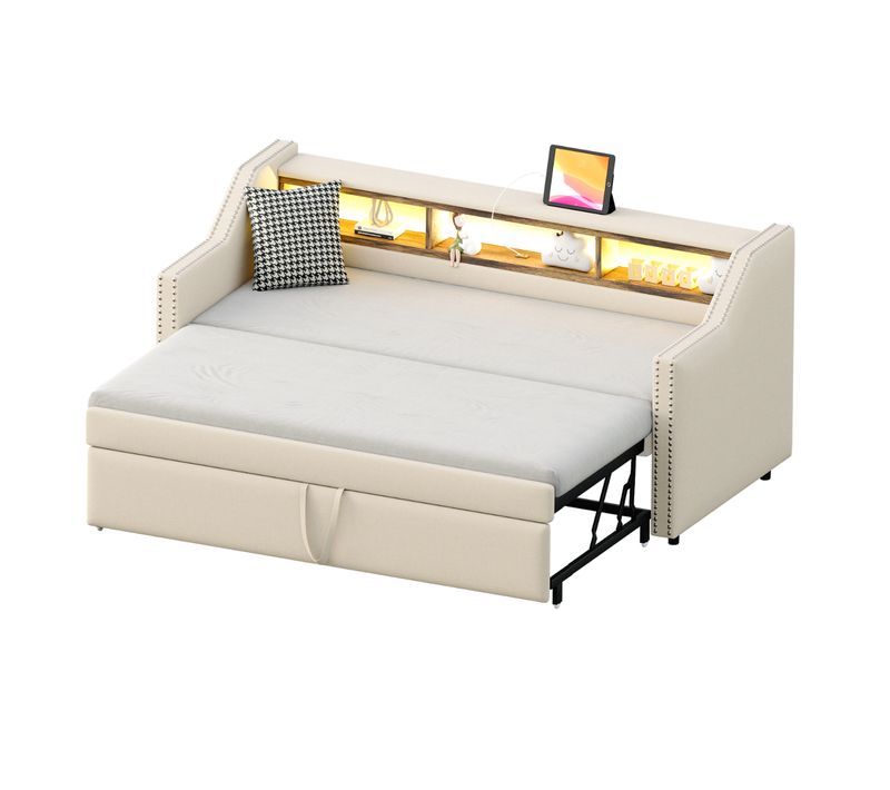 Lit Enfant 90/180x190cm Tissu Lin, Lit Gigogne, Tête De Lit Avec Rangement, LED + USB, Beige