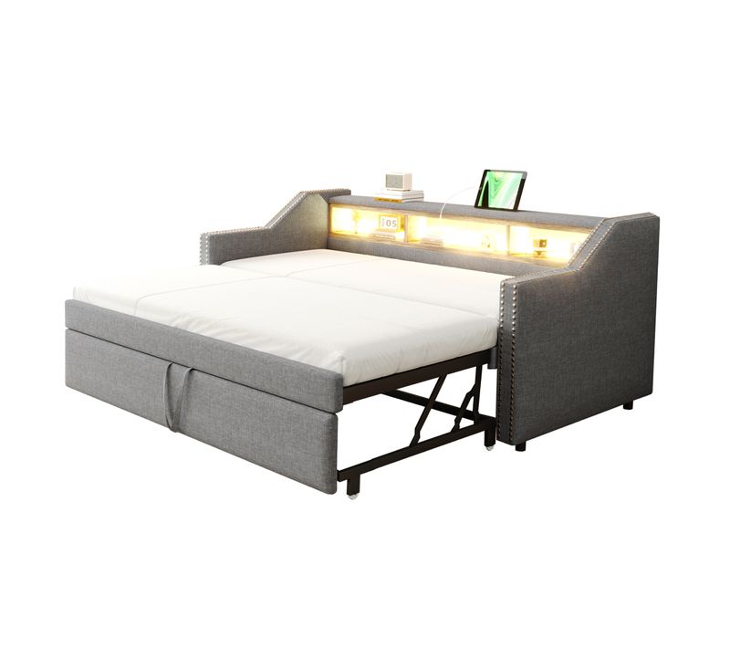 Lit Enfant 90/180x190cm Tissu Lin, Lit Gigogne, Tête De Lit Avec Rangement, LED + USB, Gris