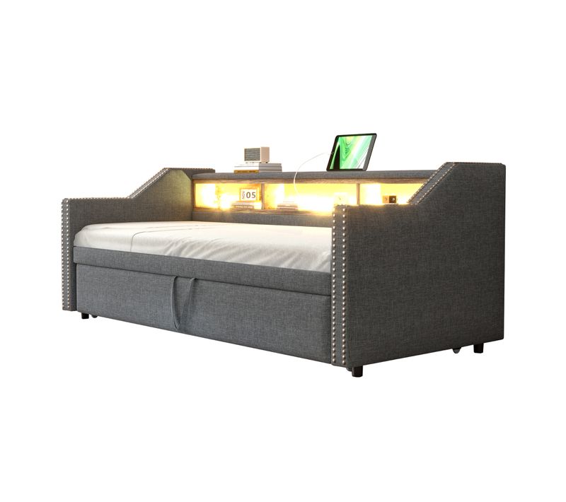 Lit Enfant 90/180x190cm Gris En Tissu Lin, Lit Gigogne, Tête De Lit Avec Rangement, LED + USB