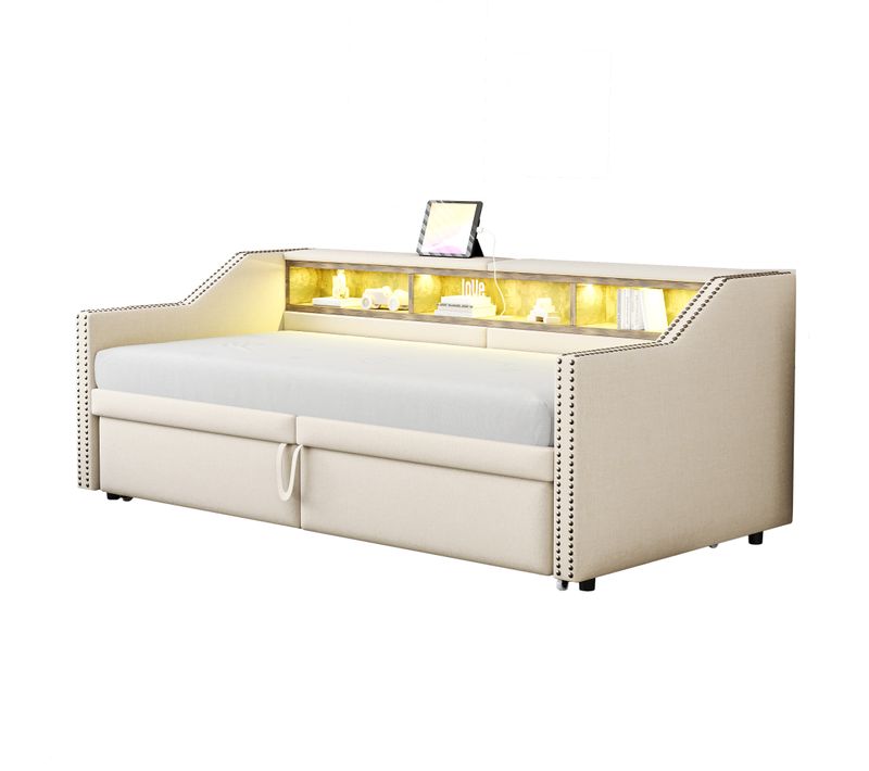 Lit Enfant 90/180x200cm Tissu Lin, Lit Gigogne, Tête De Lit Avec Rangement, LED + USB, Beige