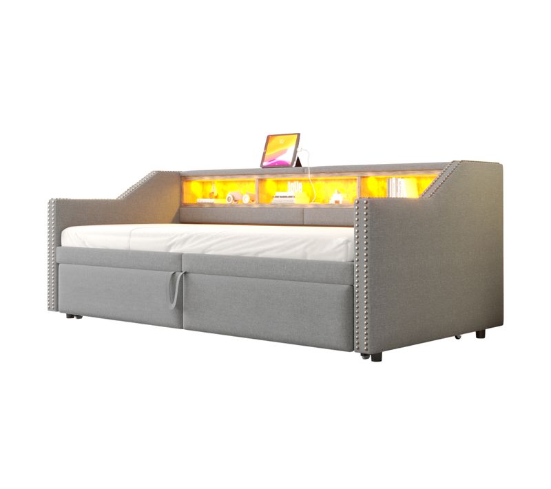 Lit Enfant 90/180x200cm Tissu Lin, Lit Gigogne, Tête De Lit Avec Rangement, LED + USB, Gris
