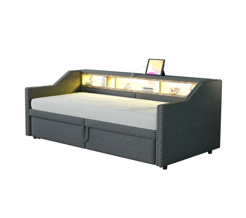 Lit Enfant 90/180x200cm Gris En Tissu Lin, Lit Gigogne, Tête De Lit Avec Rangement, LED + USB