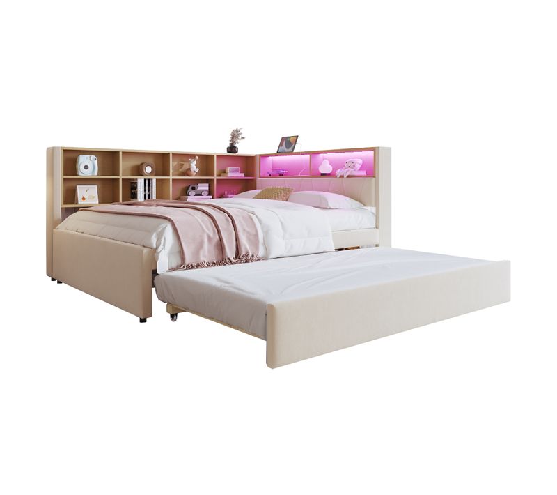 Lit Enfant 140x200cm Avec Lit Gigogne 90x190cm, LED + USB/tape-c ,flanelle, Beige