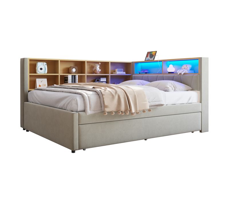 Lit Enfant 140x200cm Avec Lit Gigogne 90x190cm, LED + USB/tape-c ,flanelle, Gris