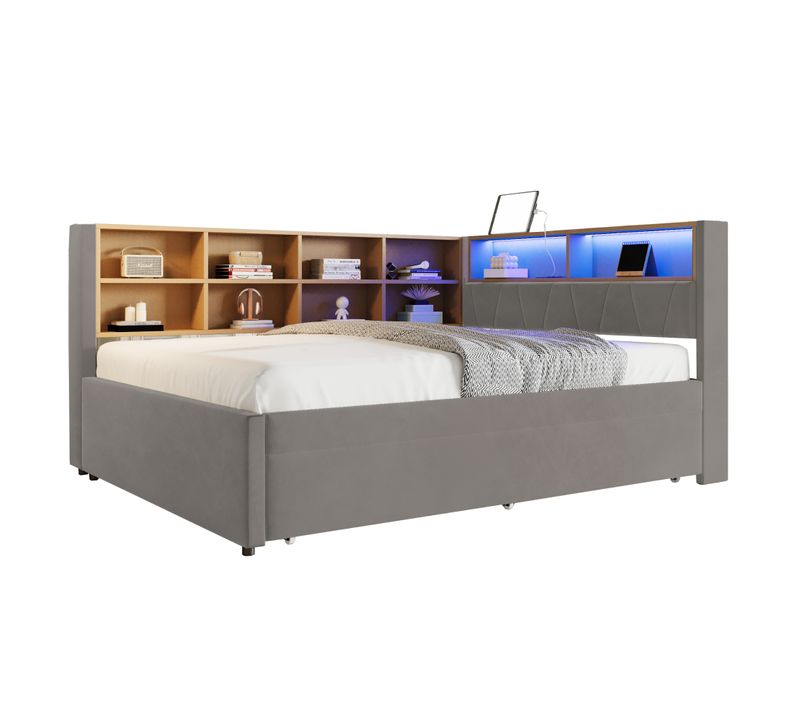 Lit Enfant 140x200cm Avec Lit Gigogne 90x190cm, LED + USB/tape-c ,flanelle, Gris Foncé