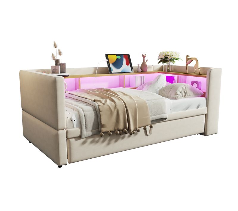 Lit Enfant 90x190cm/180x190cm Avec Lit Gigogne, LED+usb, Beige