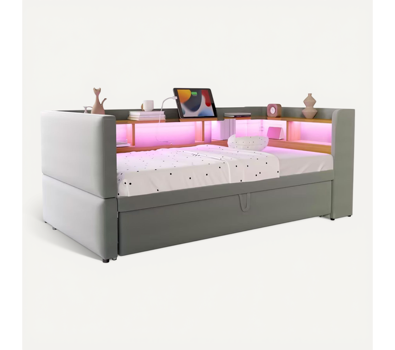 Lit Enfant 90x190cm/180x190cm Avec Lit Gigogne, LED+usb,  Gris