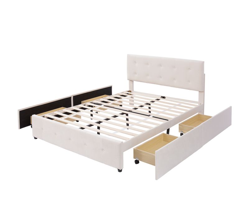 Lit Adulte 140 X 200 Cm Avec Tiroirs, Sommier à Lattes, Cadre De Lit Avec Rangement, Velours Beige