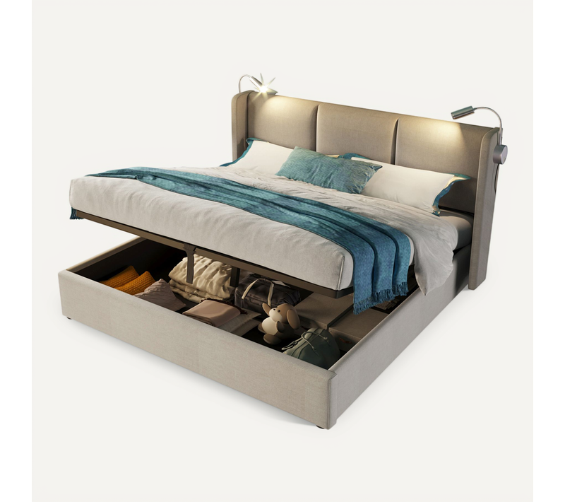 Lit Coffre 140x200 Cm, Lit Avec Rangement, Sommier, Lampe, USB, En Lin Beige