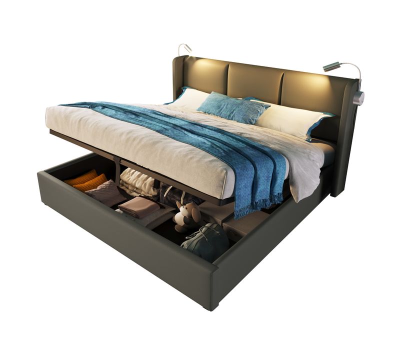 Lit Coffre Adulte 160x200 Cm Avec Sommier, Cadre De Lit Avec Rangement, Lampe, USB, Pu Gris