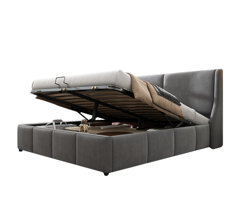 Lit Coffre Adulte 180x200 Cm Avec Sommier, Cadre De Lit Avec Rangement, Velours Gris