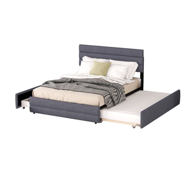 Lit Adulte 140x200 Cm Avec Lit Gigogne, 2 Tiroirs, Sommier à Lattes, Lin, Gris