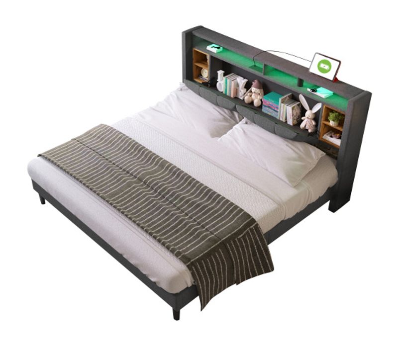 Lit Adulte 160x200 Cm Avec Tête De Lit Rangement Et Recharge USB, LED, Sommier à Lattes, Gris