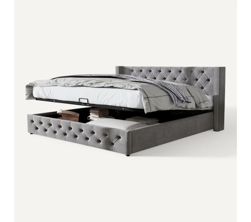 Lit Coffre Adulte 140x190 Cm Avec Double Rangée De Rivets, Sommier à Lattes, Velours, Gris