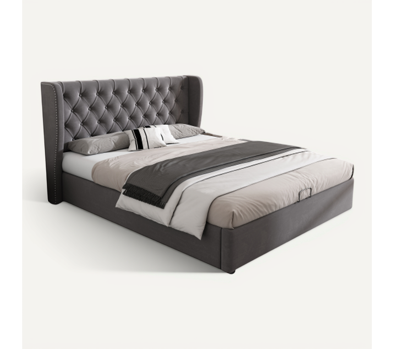 Lit Coffre Adulte 140x190 Cm, Décor Rivets, Sommier à Lattes, En Velours, Gris
