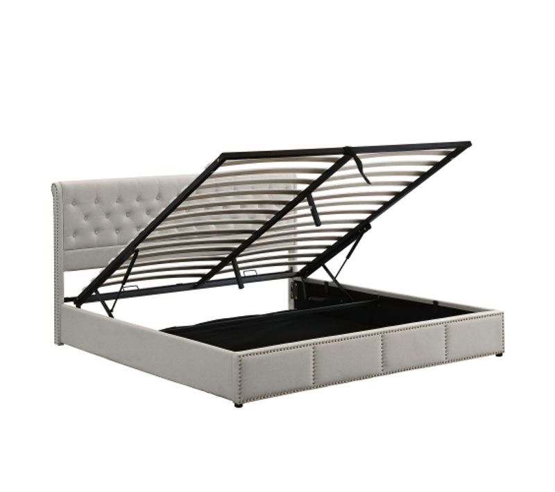 Lit Coffre Adulte 180x200 Cm, Décor Rivets, Sommier à Lattes, En Lin, Gris