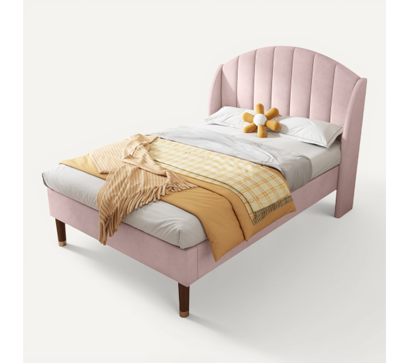 Lit Enfant 90x200 Cm Avec Sommier à Lattes Et Tête De Lit, En Velours, Rose