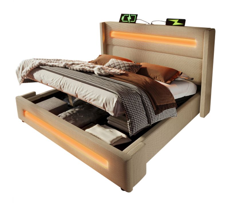 Lit Coffre Adulte 160x200 Cm Avec Éclairage LED Bluetooth, USB Type-c, Sommier à Lattes, Lin, Beige