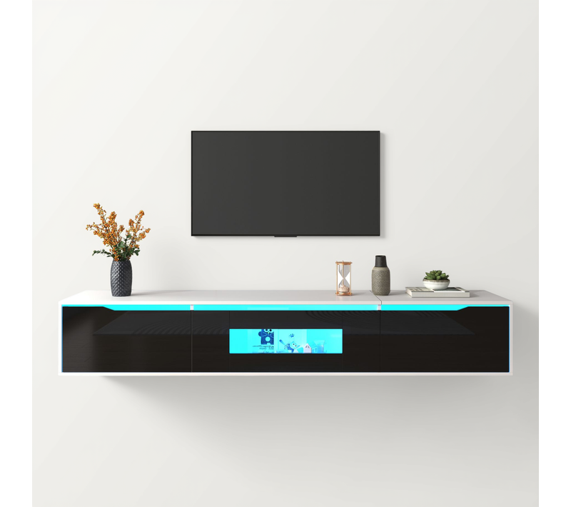 Meuble TV 180cm Suspendu Avec 3 Portes Et LED, Blanc Et Noir Laqué