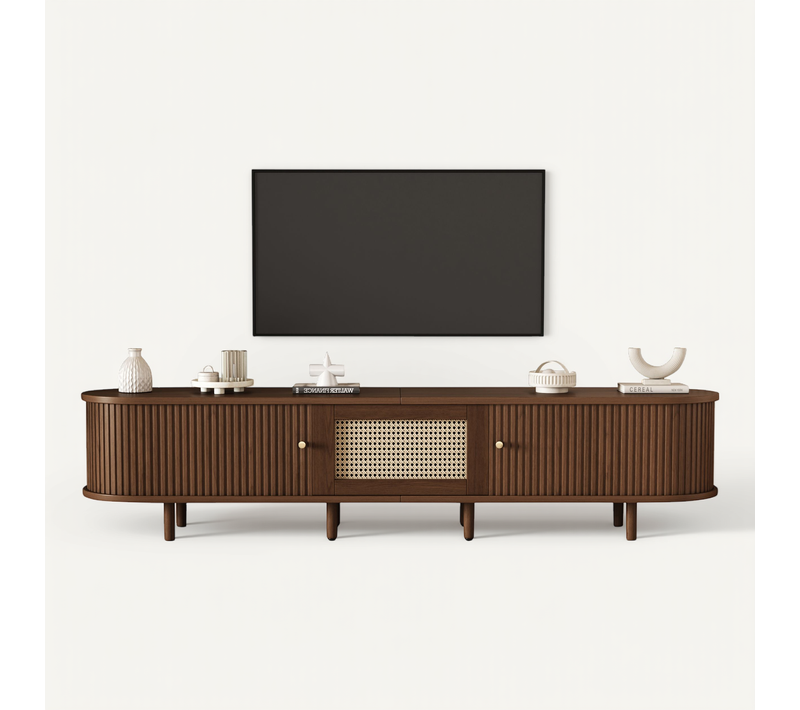 Meuble TV 180cm Avec 2 Portes Coulissantes Et 1 Tiroir En Rotin, Marron
