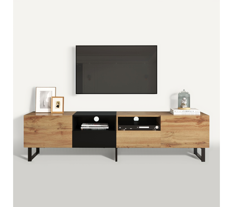 Meuble TV 190cm Avec 2 Portes, 2 Tiroirs,meubles De Salon, Naturel+noir