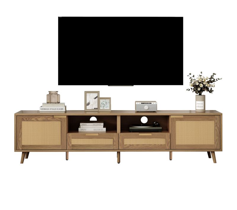 Meuble TV 200cm Avec 2 Tiroirs De Rangement, 2 Portes, Naturel