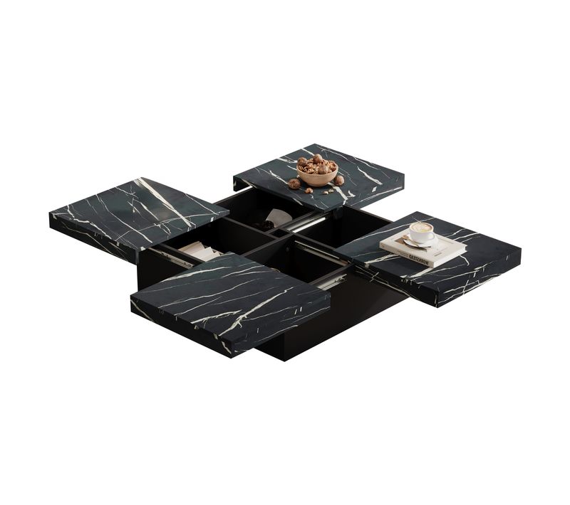 Table Basse Carré Effet Marbre Noir, Plateau Modulable à 4 Sections Avec Rangement Caché