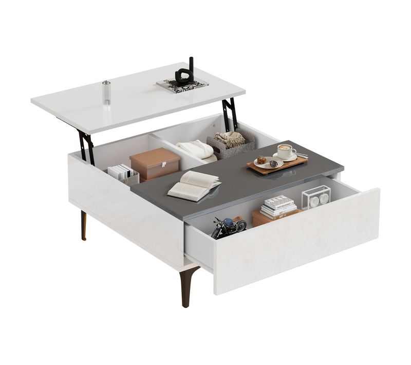 Table Basse LED Carré Blanc Avec Plateau Relevable, 1 Tiroir Et Compartiments Caché