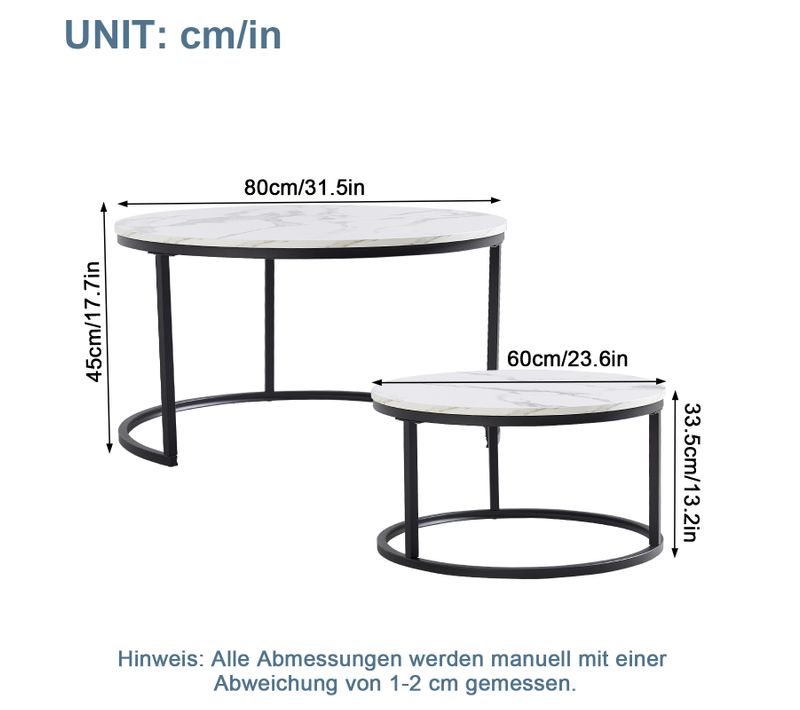 Table Basse Gigogne Ronde Blanc+noir, Lot De 2 Cadre En Métal Noir, Placage De Marbre