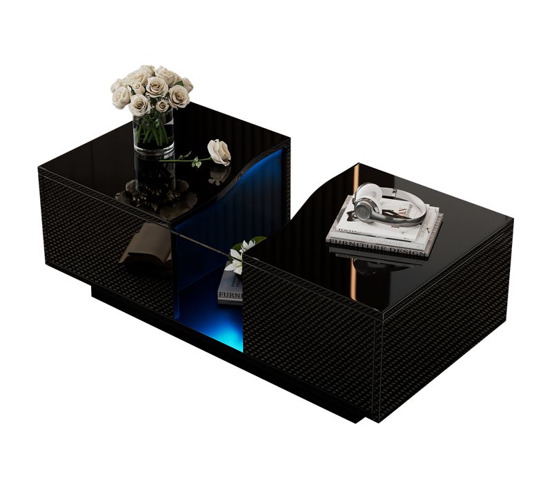 Table Basse LED Brillant Rectangulaire Noir Avec 2 Tiroirs De Rangement, Mdf
