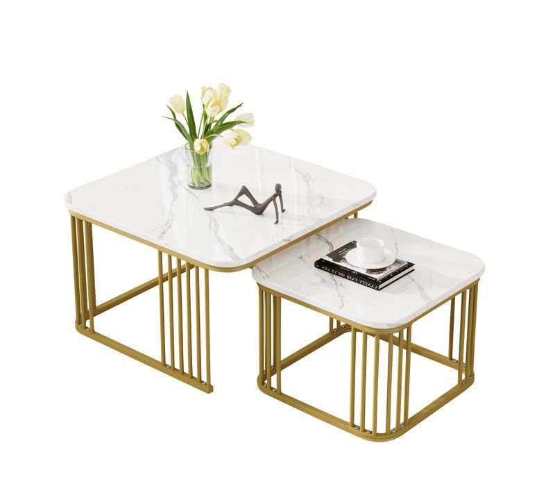 Lot De 2 Tables Basses Gigogne Blanc Carré,plateau De Table En Placage De Marbre