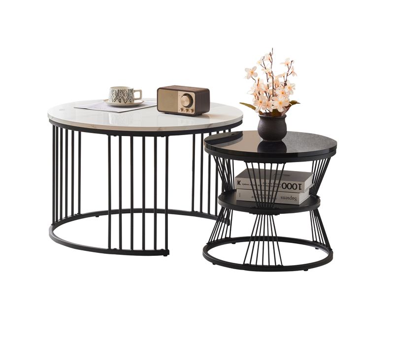 Lot De 2 Tables Basses Gigogne Ronde En Placage Marbre Blanc, Cadre En Métal Noir
