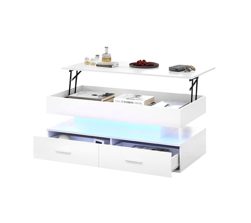 Table Basse LED Relevable Avec Rangement, Blanc, 100x50x44cm