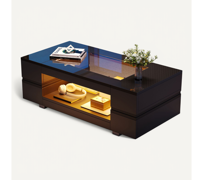 Table Basse Rectangulaire LED Noir Avec Plateau En Verre