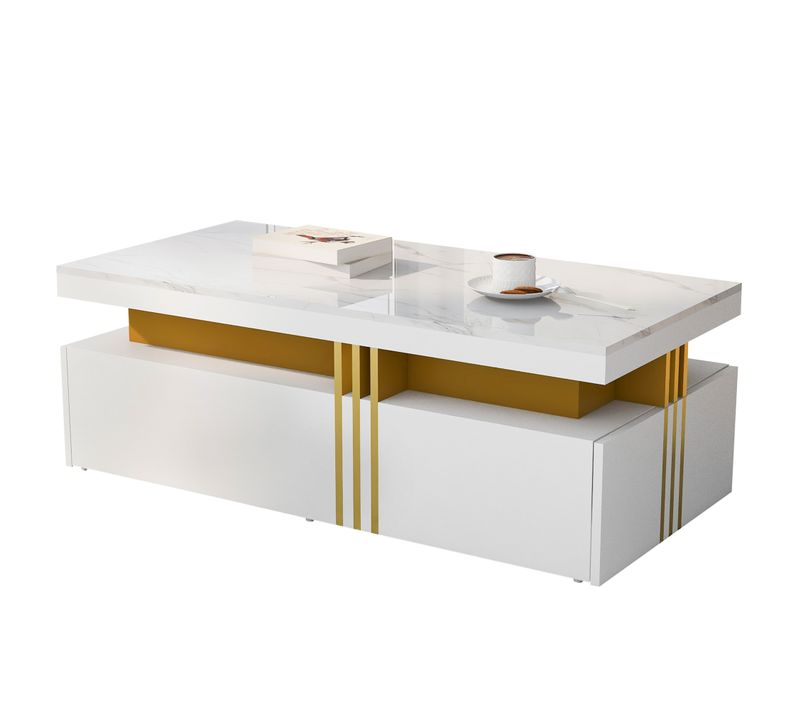 Table Basse Blanc Rectangulaire En Placage Marbre Moderne, 2 Tiroirs De Rangement, 100x50x40cm